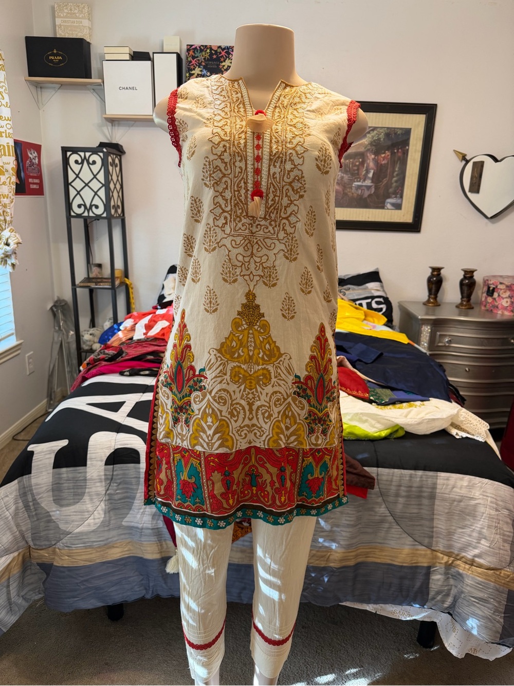 Embroidered Cream & Red Printed Kurta Salwar